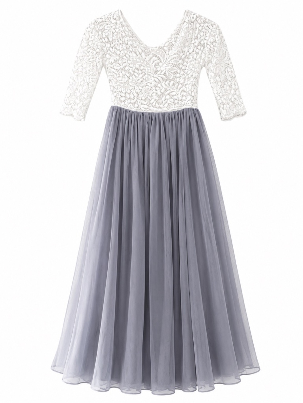 Girls White Lace & Blue Gray Tulle  Dress